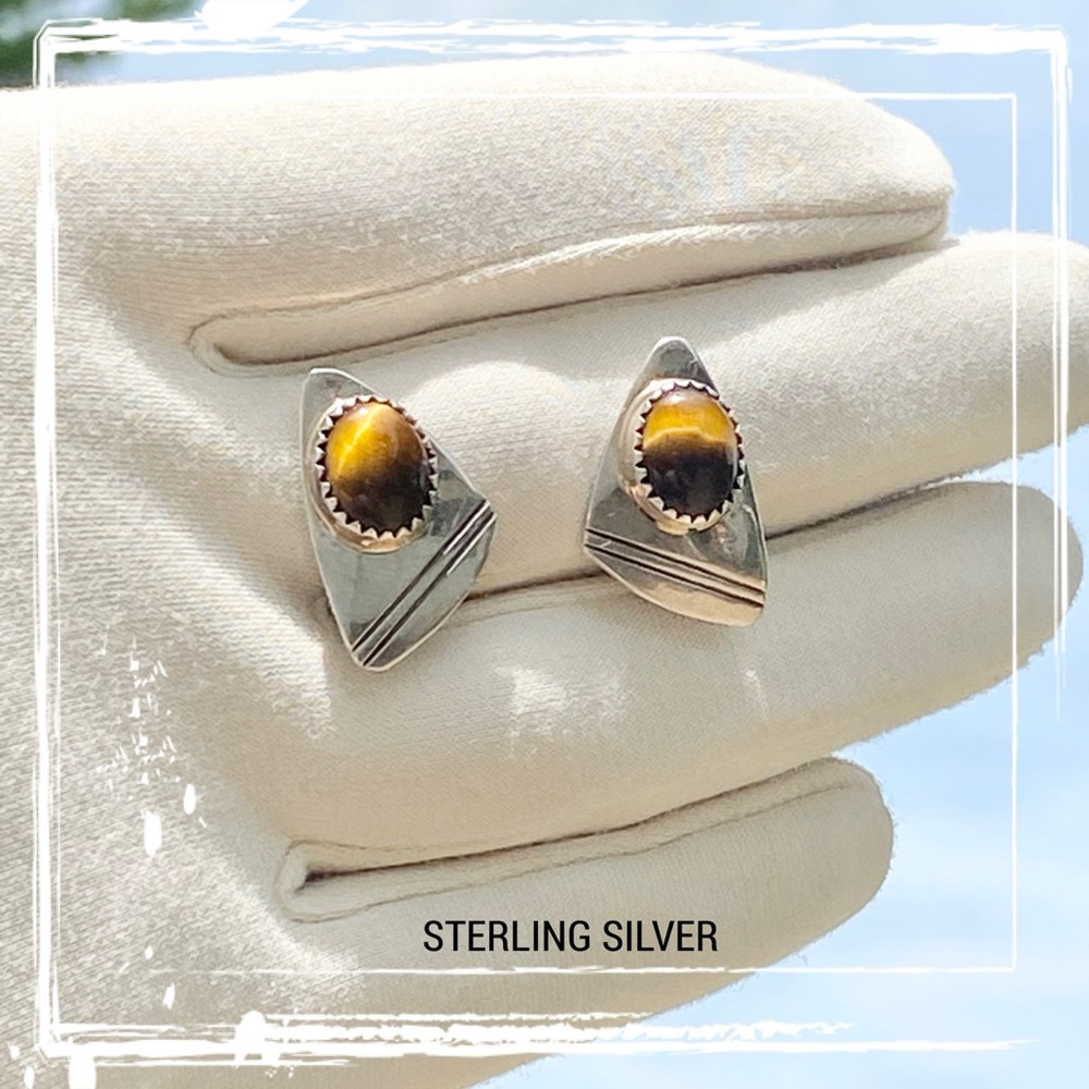 SIGNED-Herbert Cayatineto Navajo Sterling Silver Tiger’s Eye Clip On Earrings - Picture 3 of 11